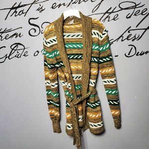 Vintage 70s Gold & Green Sweater Open Front Cardigan, Ms. Doris of California, M